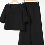 Loose solid color long sleeved top wide leg pants set
