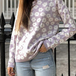 Mock Neck Floral Print Knitted Sweater Color Block Light Weight Sweater