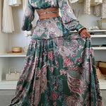 Gabbie Satin Paisley Print Cutout Elastic Waist Long Sleeve Full Hem Maxi Dress