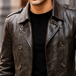 Men's Vintage Distressed PU Leather Double-breasted Short Coat