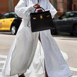 Long Sleeves Loose Buttoned Split-Side Striped Lapel Maxi Dresses Shirt Dress