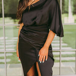 One Shoulder Satin Drape Dress