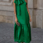Sleeveless Bowknot Pleated Split-Joint Round-Neck Maxi Dresses