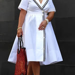 A-Line Half Sleeves Buttoned Contrast Color Pleated Notched Collar Midi Dresses