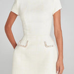 Exquisite and Playful Tweed Fabric Pearl Trim Short Sleeve Pocketed Mini Dress