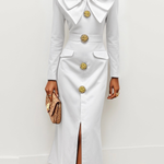 Long Sleeves Skinny Buttoned Solid Color Split-Front Stand Collar Midi Dresses Shirt Dress