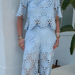 Eliose Scallop Cutout Embroidery Lace Elastic Waist Pocket Loose Pants