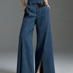Wide Leg No Belt Solid Color Split-Front Jean Pants Bottoms Trousers