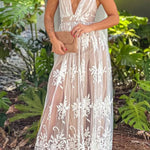 White and Beige Cross Back Floral Tulle Maxi Dress