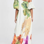 A-Line Loose Elasticity Flower Print One-Shoulder Maxi Dresses
