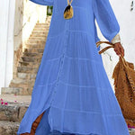 Seraphina Cotton Linen Blend Button Up Tiered Maxi Dress
