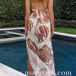Halter V Neck Backless Side Slit Print Maxi Dress