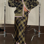 Holiday Plaid Knit Color-blocked Trim Button Long-sleeved Loose Cardigan