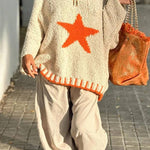 Warm Winter Day Texture Knit Star Pattern Contrast Color Loose Sweater