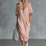 Casual Fashion Sporty Hooded Front Zipper Short-sleeved Cherry Blossom Pink Cotton Midi Dress