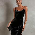 Women's Elegant Black Velvet Sleeveless Fitted Midi Dress With Spaghetti Straps