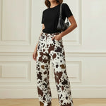 Elasticated Waist High Waisted Contrast Color Cow Printed Split-Joint Pants