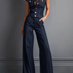 Retro Dark Indigo Denim Sleeve Shirt & Wide Leg Pants Set