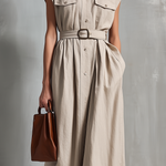 Women's Elegant, Natural-colored Cotton And Linen Blend Sleeveless Maxi Dress With A Shirt Collar