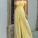 Soft Yellow Off-Shoulder Chiffon Wide-Leg Jumpsuit