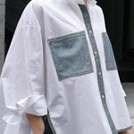 A-Line High-Low Buttoned Contrast Color Pockets Split-Side Stand Collar Blouses&Shirts Tops