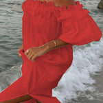 Linen Blend Off Shoulder Ruffle Puff Sleeve Pocketed Midi Dress