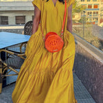Loose Short Sleeves Pleated Pockets Solid Color Split-Joint V-Neck Maxi Dresses