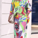 Contrast Color Printed Long Sleeves Buttoned Lapel Blouses Top+ High Waisted Pants Bottom Two Pieces Set