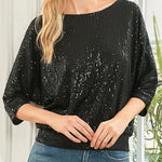 Solid Color Sequined Loose Round Neck Casual Top