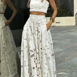 Next Trip Floral Embroidery Crochet Lace Elastic Waist Pocket Maxi Skirt
