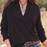 V-neck pullover solid color loose long-sleeved top