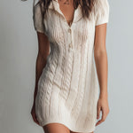 Quiet Luxury Ivory Cable Knit Short Sleeve Polo Mini Dress