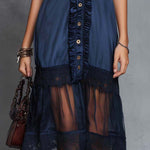 Elegant Satin-Panel Chiffon Lace Sleeveless Midi Dress