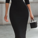 Black Collared V-Neck Midi Bodycon Dress