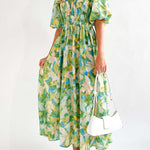 Elegant Square Neck Printed Puff Sleeve Long Dress