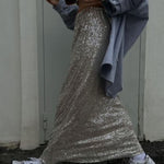 High Waist Sparkle Floor Length Sequin Skirt