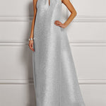 A-Line Loose Hollow Pleated Shiny Solid Color Halter-Neck Maxi Dresses