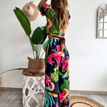 Floral Print V Neck Short Sleeves Crop Top Elastic Waist Wide Leg Pants Set