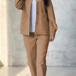 Solid Color Loose Fit Long Sleeve Button Pocket Top and Casual Pants Set