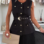 Relaxed and Elegant Round Neck Button Up Belted Pocket Loose Vest