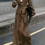 Long Sleeves Loose Buttoned Split-Joint Striped V-Neck Blazer Outerwear