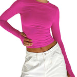 Long Sleeves Skinny Hollow Solid Color Round-Neck T-Shirts Tops