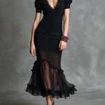 Elegant Boho Ribbed Midi Dress With Lace Trim & Sheer Chiffon Hem – Black