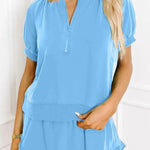 Women's Casual Puff Sleeve Top and Ruffle Shorts Set