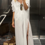 Long Sleeves Loose Buttoned Solid Color Split-Side Lapel Maxi Shirt Dress