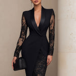 Sophisticated Black Blazer-Style Lace Midi Dress