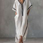 Women's Casual White Cotton And Linen Loose Short-sleeved Maxi Dress