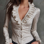 Vintage Polka Dot Ruffle V-Neck Blouse