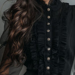Vintage High Neck Black Sheer Organza Blouse With Ruffle Trim