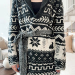Winter Snowflake Waist Tie Lapel Midi Pocket Knit Cardigan